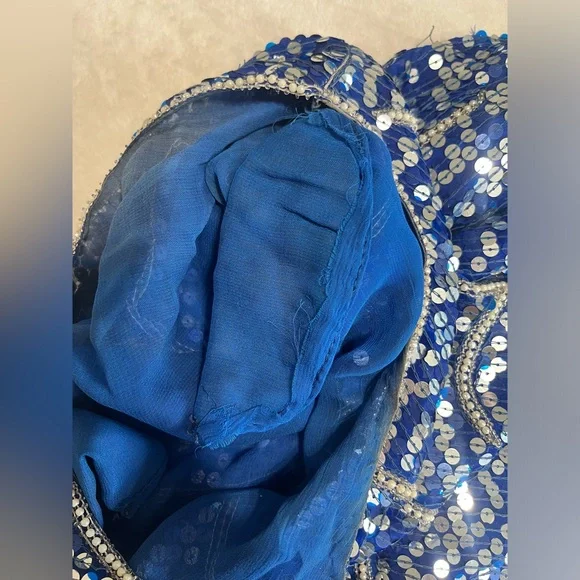 Vintage Blue Sequin Beaded Silk Dress Art Deco Midi Party Formal - Picture 16 of 16